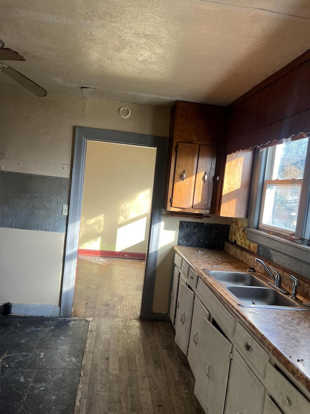 kitchen featuring a ceiling fan, dark wood-style floors, a sink, white cabinets, and a textured ceiling