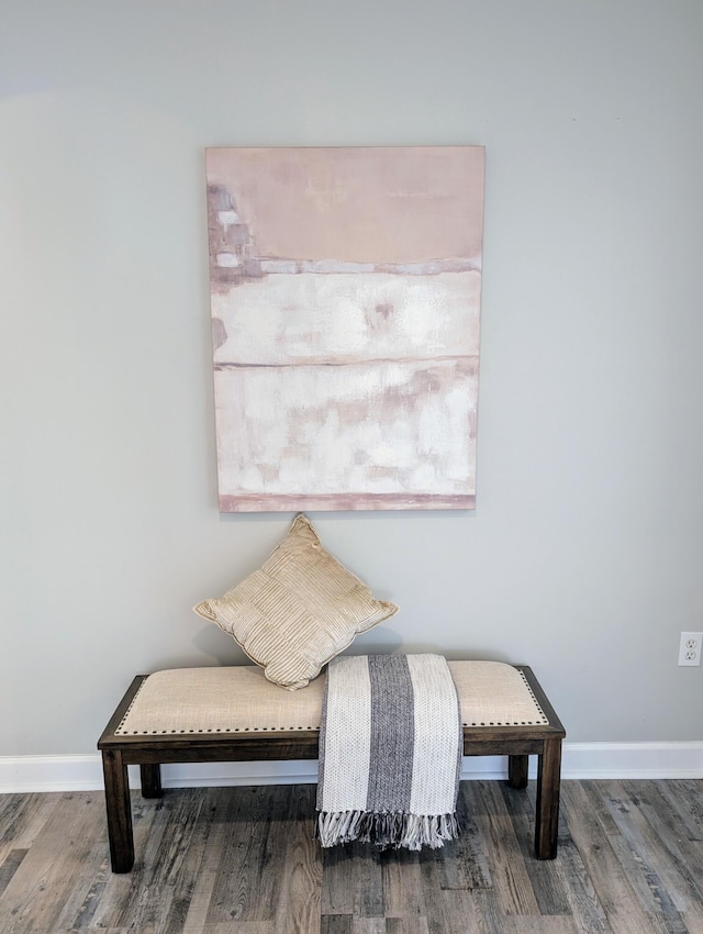 living area with baseboards and wood finished floors