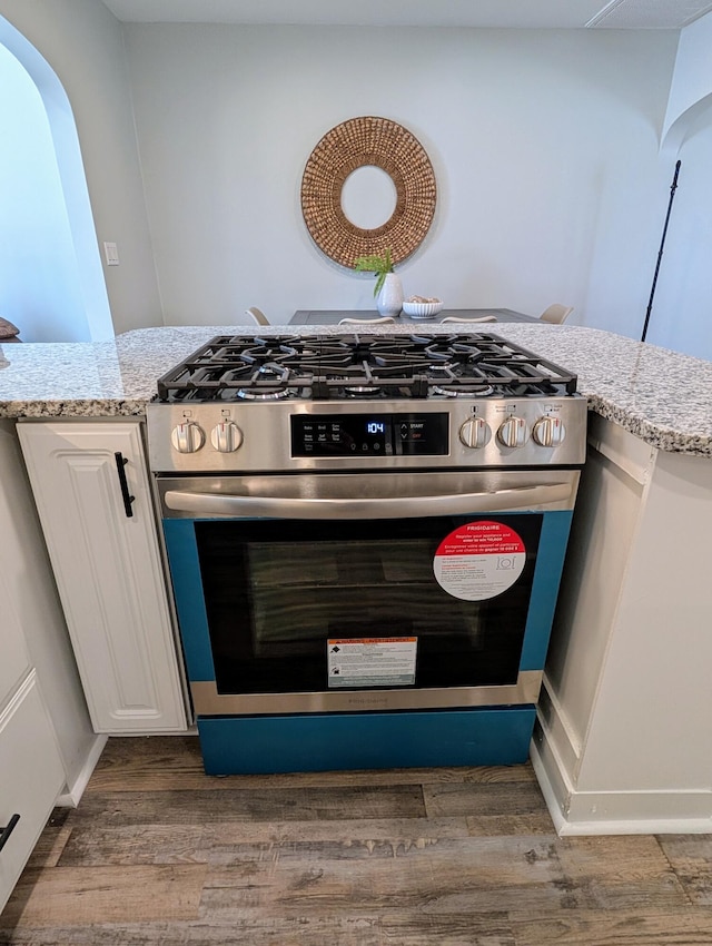 room details with light stone counters, stainless steel range with gas stovetop, and wood finished floors