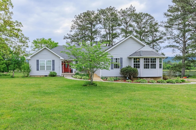 ranch-style home with a shingled roof, a front yard, and crawl space