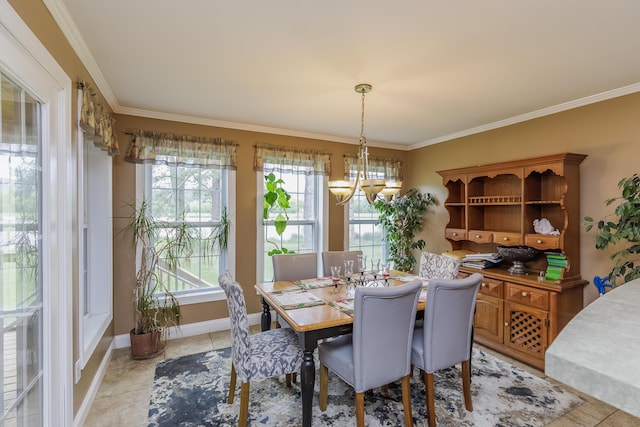 dining room with light tile patterned floors, baseboards, a chandelier, and ornamental molding