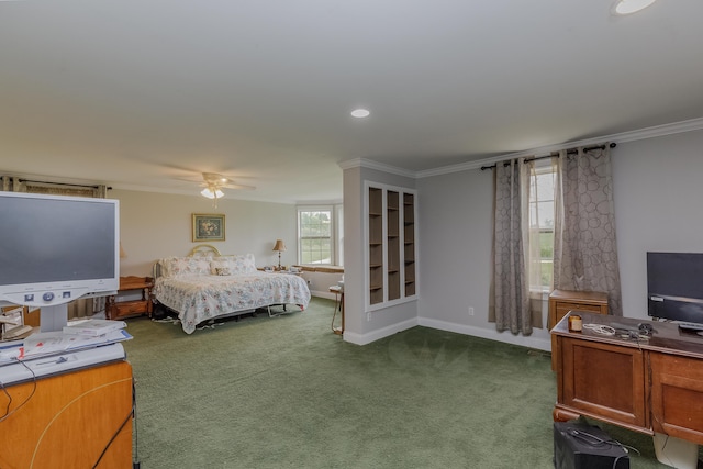 bedroom with ceiling fan, baseboards, carpet, ornamental molding, and recessed lighting