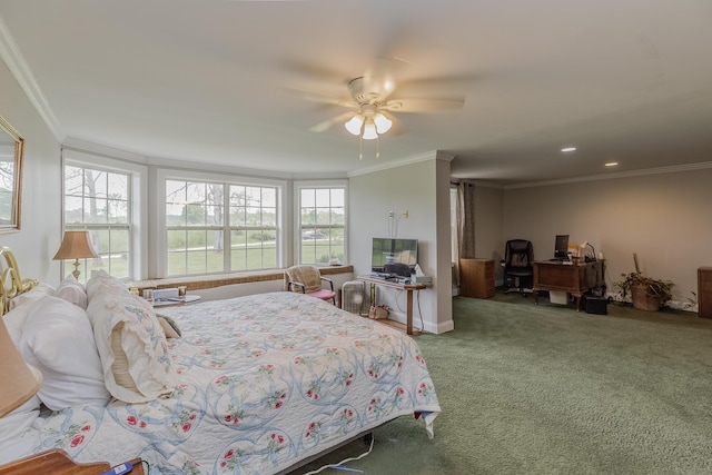 carpeted bedroom with recessed lighting, a ceiling fan, and ornamental molding