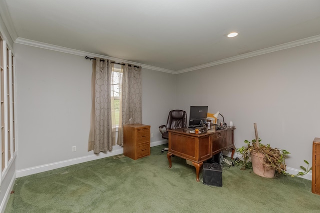 office area with baseboards, crown molding, and carpet