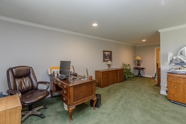 office area featuring crown molding, recessed lighting, light colored carpet, and baseboards