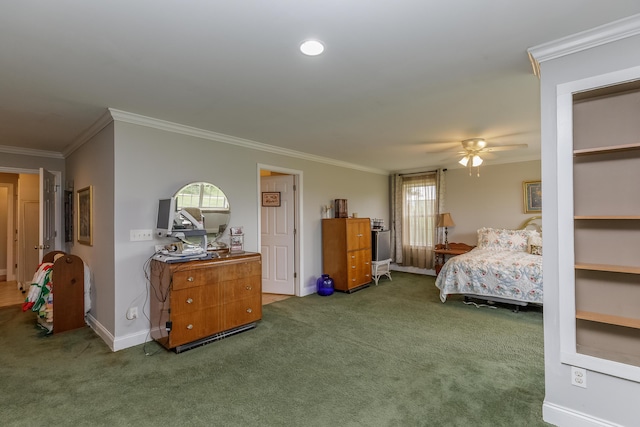 bedroom featuring ornamental molding, ceiling fan, baseboards, and carpet floors