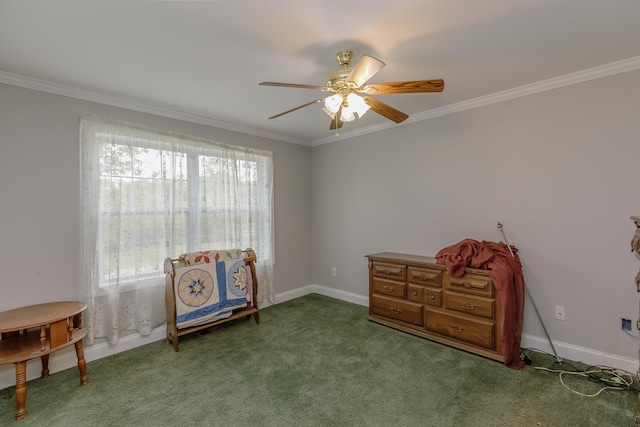 interior space with ceiling fan, carpet flooring, and crown molding