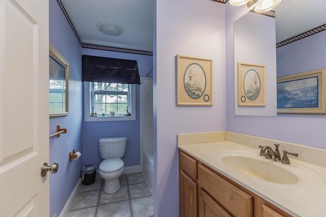 bathroom featuring vanity, baseboards, bathtub / shower combination, tile patterned floors, and toilet