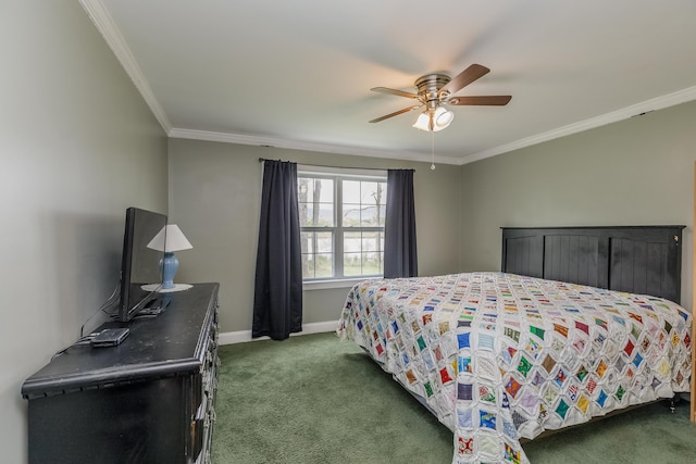 carpeted bedroom with a ceiling fan, baseboards, and ornamental molding