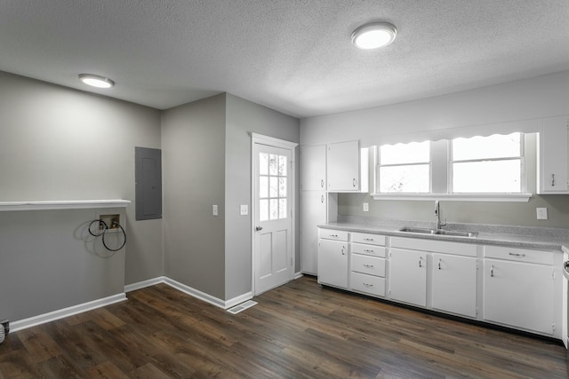 kitchen with visible vents, dark wood-type flooring, a sink, electric panel, and white cabinetry