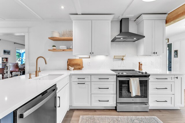 266 Carolina Ave, Delano, TN 37325 - kitchen featuring a sink, stainless steel appliances, white cabinetry, wall chimney range hood, and light countertops