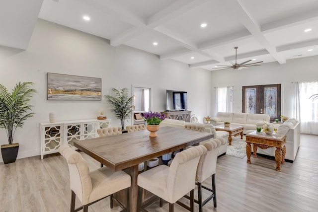 dining area featuring beamed ceiling, a ceiling fan, light wood-type flooring, and coffered ceiling