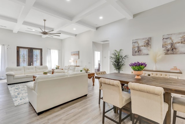 living room with ceiling fan, light wood-type flooring, beam ceiling, recessed lighting, and coffered ceiling