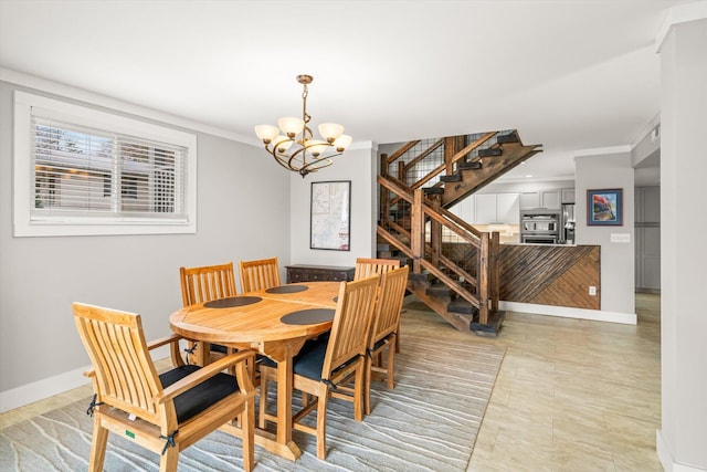 dining room with stairway, baseboards, an inviting chandelier, and ornamental molding