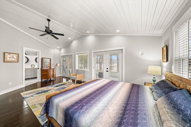 bedroom featuring wood finished floors, french doors, baseboards, access to exterior, and vaulted ceiling