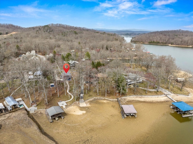 drone / aerial view featuring a wooded view and a water and mountain view