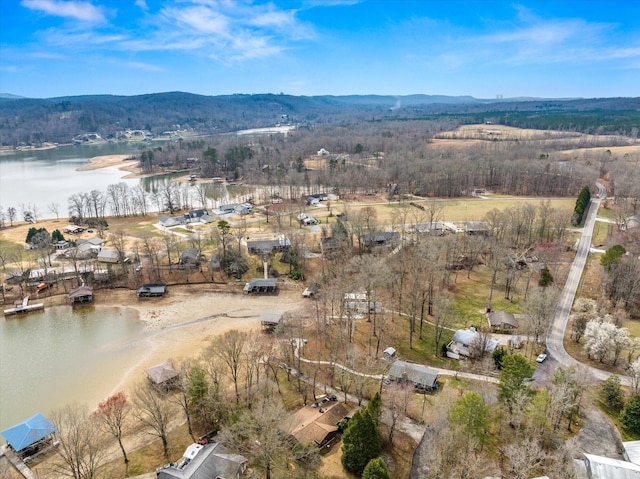 drone / aerial view with a wooded view and a water and mountain view