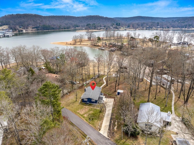 aerial view with a water view and a wooded view