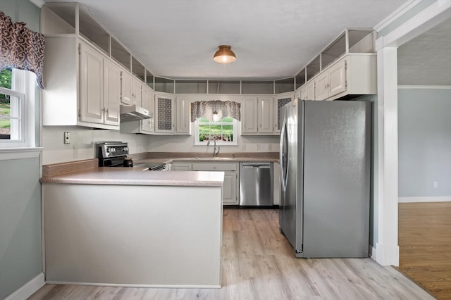 kitchen with a sink, a peninsula, appliances with stainless steel finishes, under cabinet range hood, and light wood-style floors