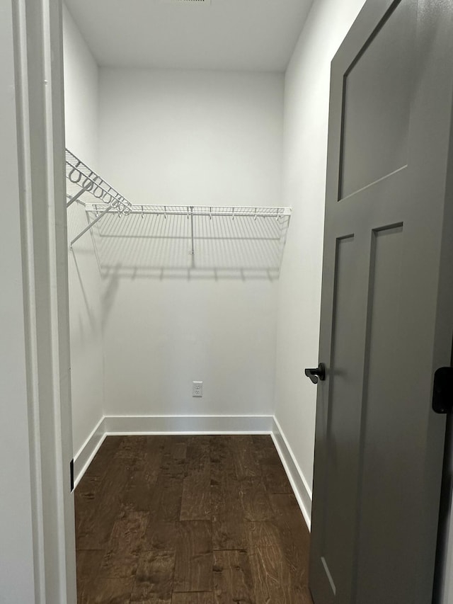 walk in closet featuring dark wood finished floors