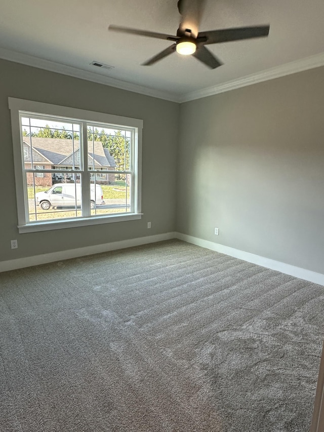 spare room featuring carpet floors, ornamental molding, and a ceiling fan