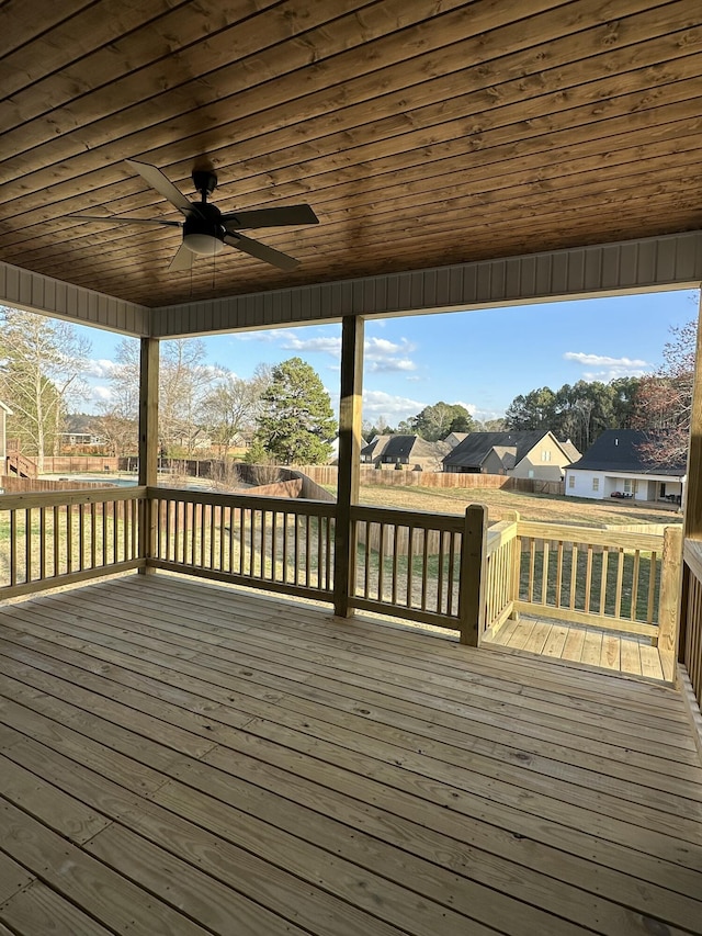 deck featuring a residential view, a ceiling fan, and fence