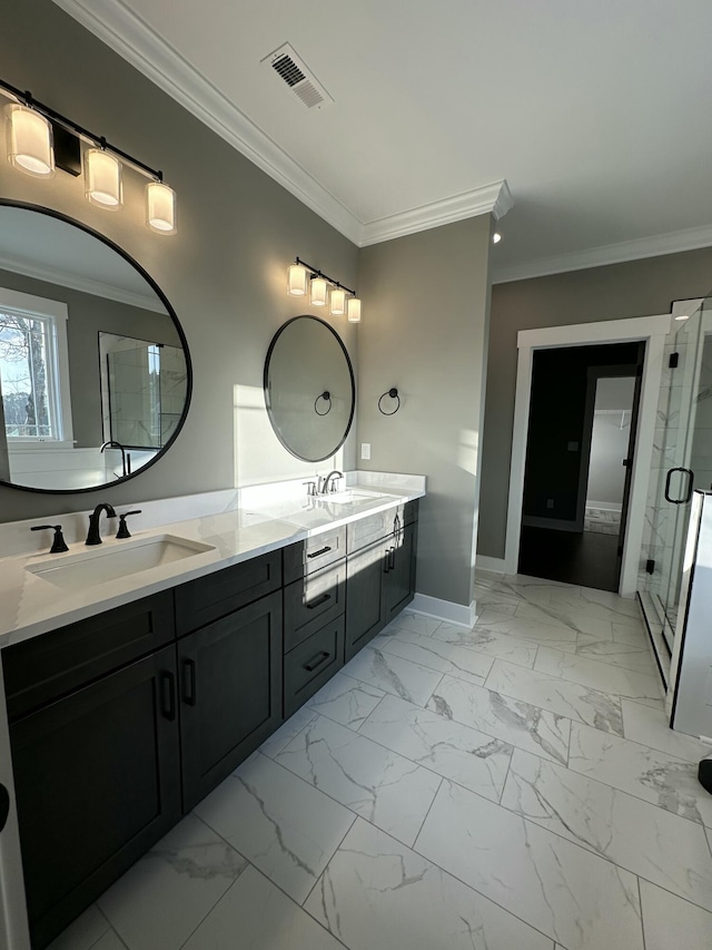 bathroom with visible vents, marble finish floor, crown molding, and a sink