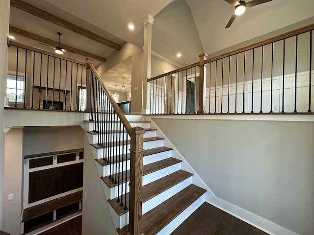 staircase featuring beamed ceiling, recessed lighting, baseboards, and ceiling fan