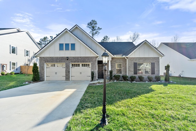 view of front of property with a front yard, brick siding, board and batten siding, and driveway