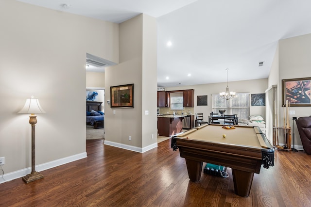 playroom featuring billiards, dark wood-style floors, visible vents, baseboards, and an inviting chandelier