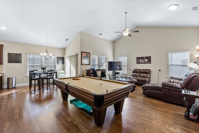 rec room featuring dark wood-style floors, ceiling fan with notable chandelier, billiards, and a wealth of natural light