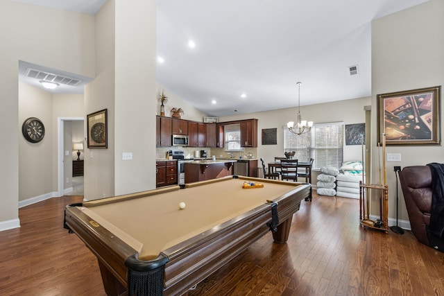 game room featuring high vaulted ceiling, visible vents, dark wood-type flooring, and pool table