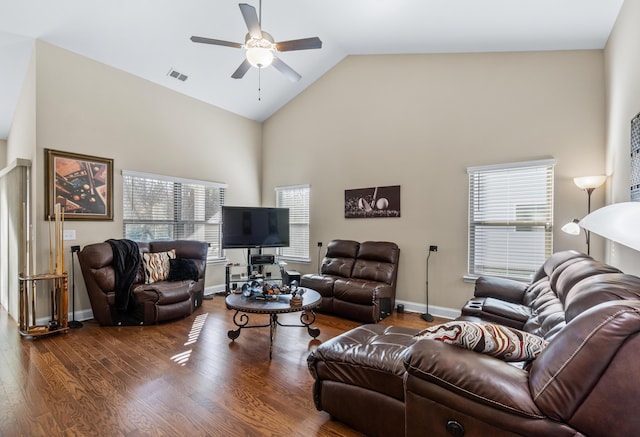 living area with visible vents, high vaulted ceiling, a ceiling fan, wood finished floors, and baseboards