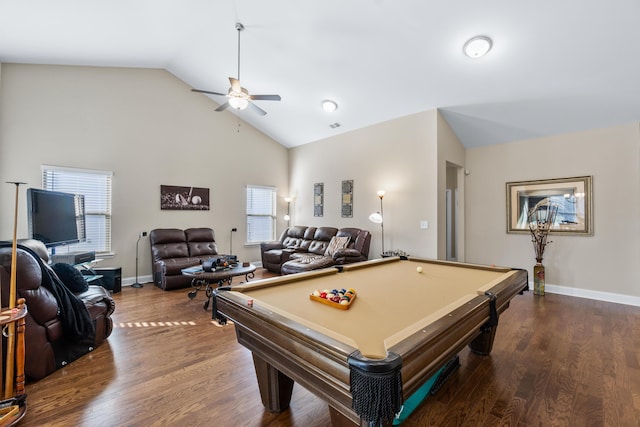 recreation room featuring dark wood-style floors, baseboards, and a ceiling fan