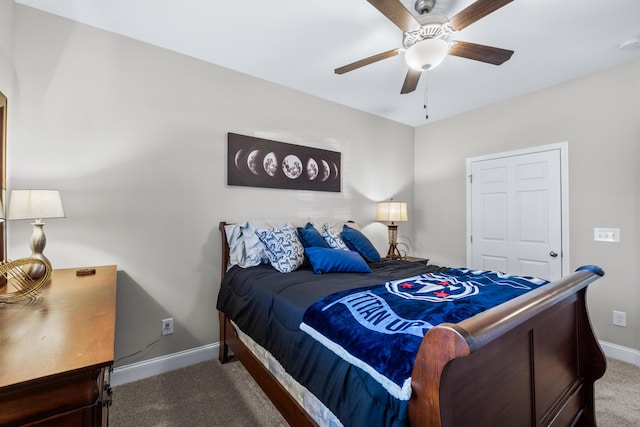 bedroom with baseboards, carpet floors, and ceiling fan