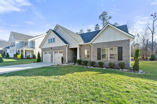 view of front of property with driveway, a front lawn, a garage, board and batten siding, and brick siding