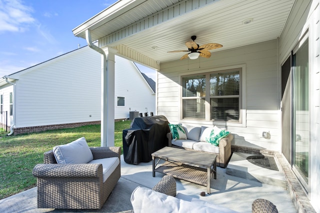 view of patio featuring central AC unit, a grill, an outdoor hangout area, and a ceiling fan