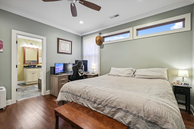 524 Ladd Ave, Chattanooga, TN 37405 - bedroom with visible vents, ornamental molding, a ceiling fan, dark wood finished floors, and baseboards