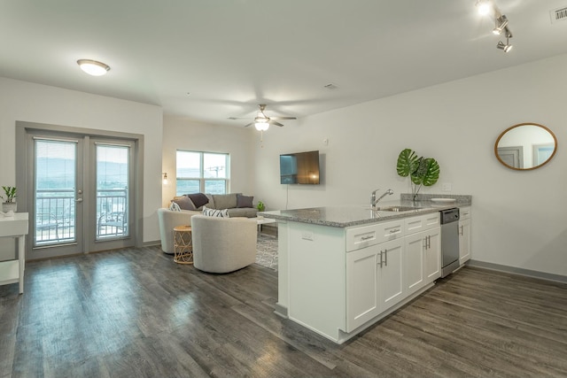 kitchen featuring a sink, dark wood-style floors, dishwasher, and a peninsula