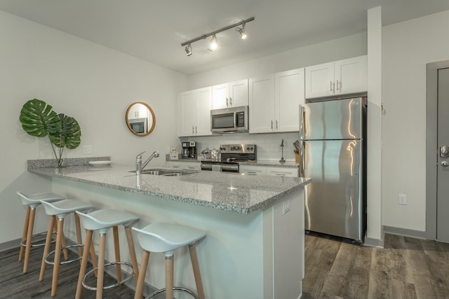 kitchen featuring tasteful backsplash, a sink, appliances with stainless steel finishes, a kitchen breakfast bar, and dark wood-style flooring