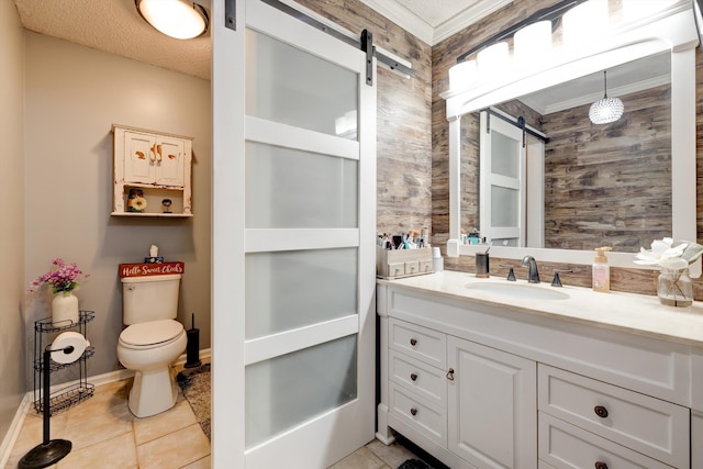 186 Joann Dr SE, Calhoun, GA 30701 - bathroom featuring crown molding, wood walls, toilet, vanity, and a textured ceiling