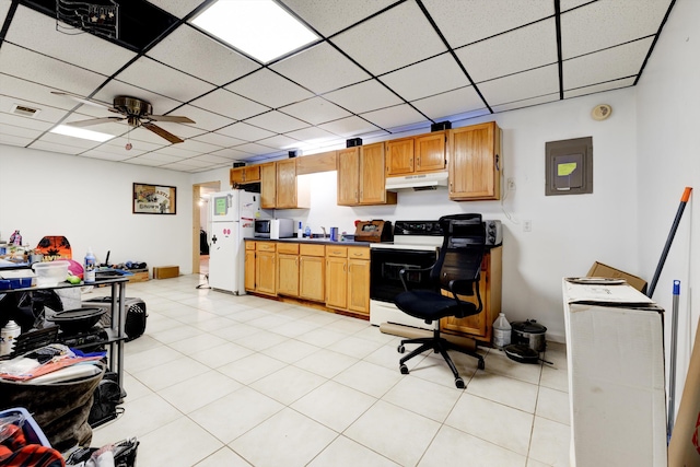 186 Joann Dr SE, Calhoun, GA 30701 - kitchen featuring under cabinet range hood, electric range, a drop ceiling, and freestanding refrigerator