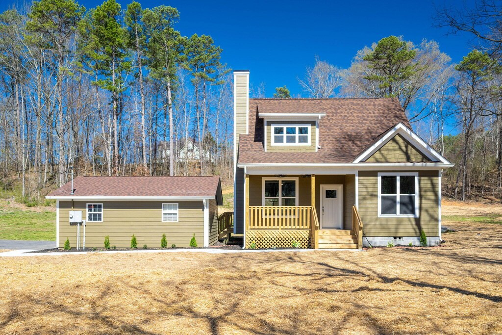 3244 Poplar Springs Rd, Ringgold, GA 30736 - view of front of house with a shingled roof, a porch, crawl space, and a chimney