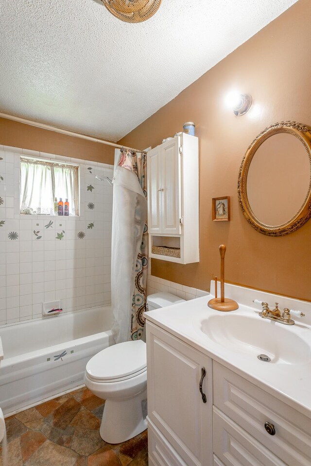 2011 Robbins St, Chattanooga, TN 37404 - bathroom featuring vanity, a textured ceiling, shower / bathtub combination with curtain, and toilet
