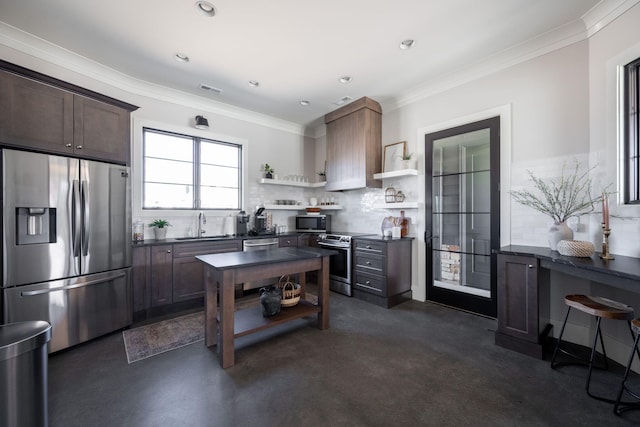 kitchen with dark countertops, backsplash, ornamental molding, appliances with stainless steel finishes, and open shelves