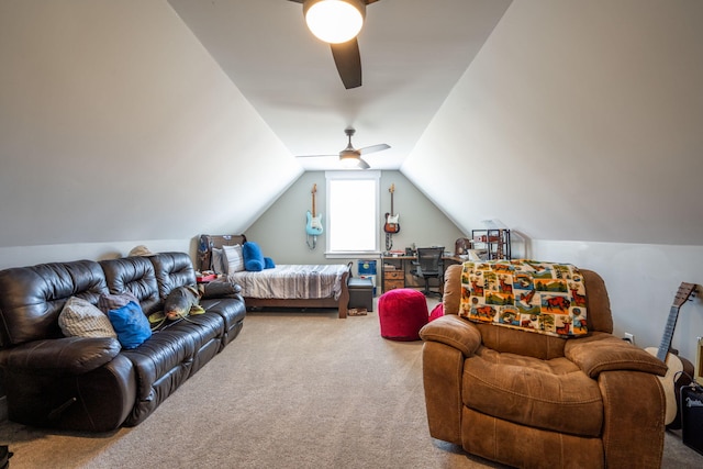 carpeted bedroom featuring ceiling fan and vaulted ceiling