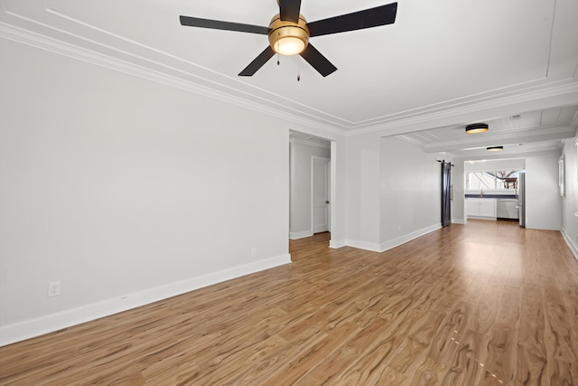 empty room with ceiling fan, baseboards, light wood-style floors, and ornamental molding