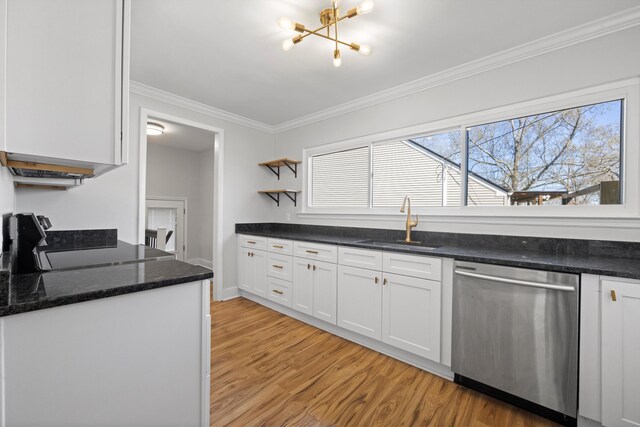 kitchen featuring open shelves, ornamental molding, stainless steel dishwasher, stove, and a sink