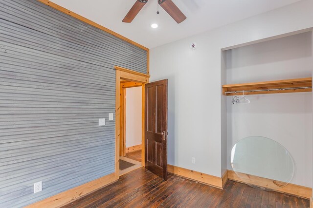 209 Tremont St, Chattanooga, TN 37405 - unfurnished bedroom with a ceiling fan, recessed lighting, a closet, baseboards, and dark wood-style flooring