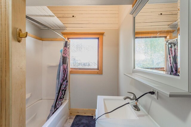 209 Tremont St, Chattanooga, TN 37405 - bathroom featuring wood ceiling and shower / bathtub combination with curtain